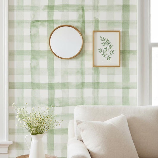 Gingham Removable Wallpaper, Sage green peel and stick wallpaper