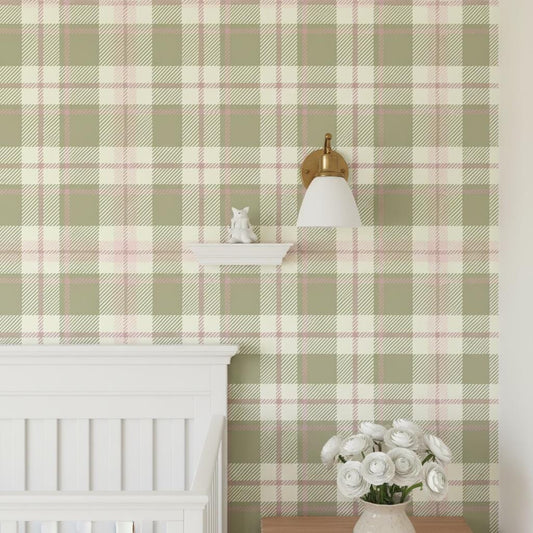 Olive Green Tartan Peel and Stick Wallpaper, Plaid Removable Wallpaper or Non woven