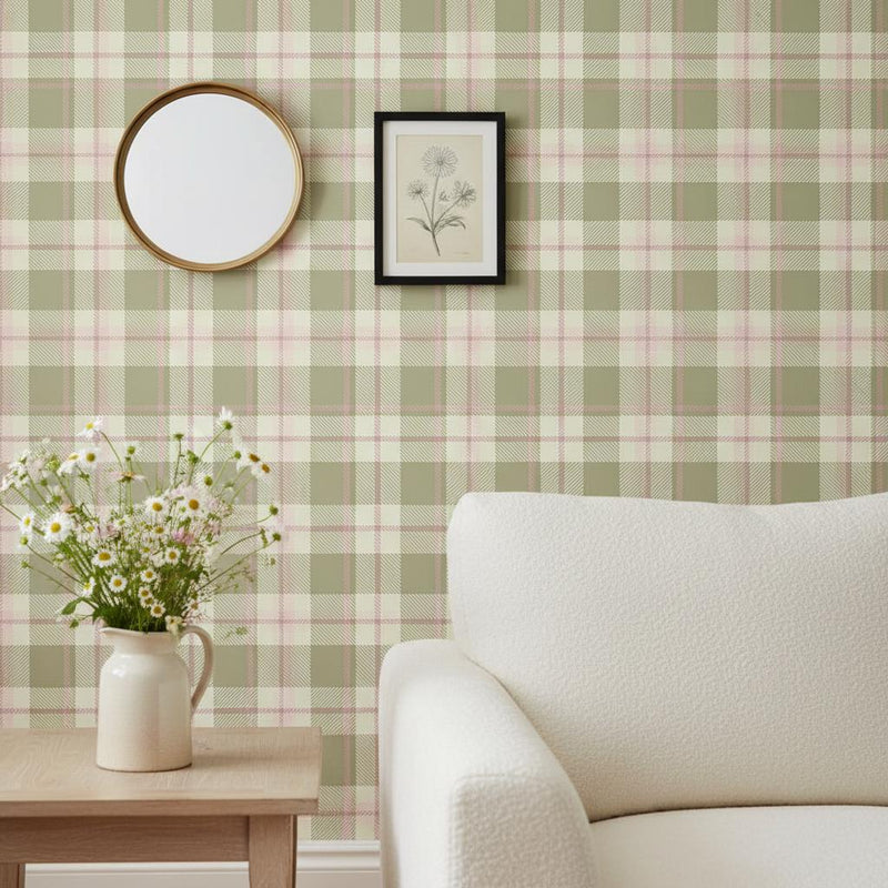 Olive Green Tartan Peel and Stick Wallpaper, Plaid Removable Wallpaper or Non woven
