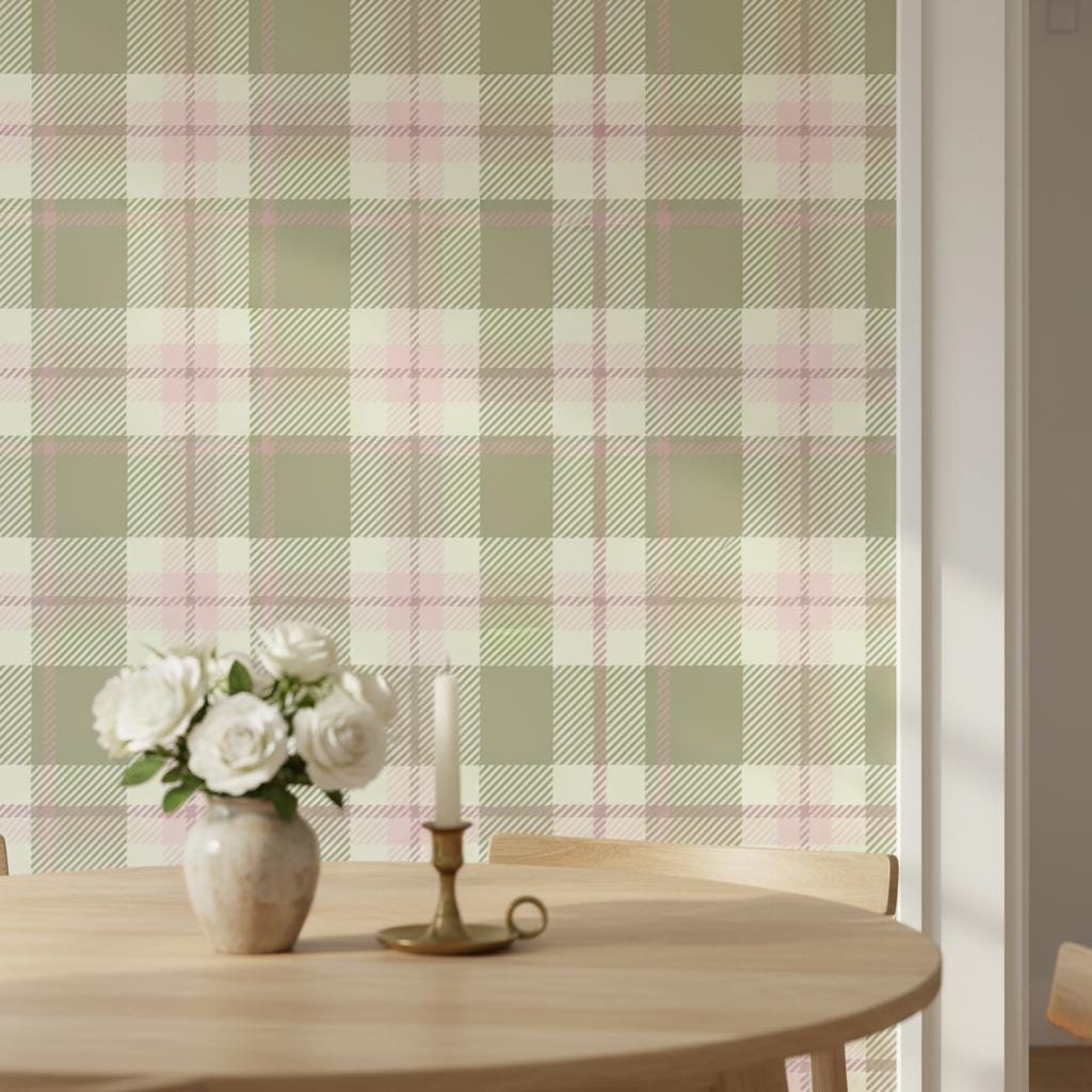 Olive Green Tartan Peel and Stick Wallpaper, Plaid Removable Wallpaper or Non woven