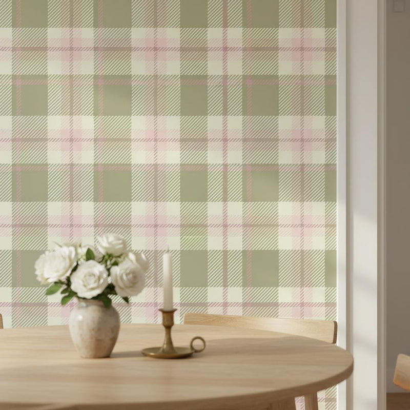 Olive Green Tartan Peel and Stick Wallpaper, Plaid Removable Wallpaper or Non woven