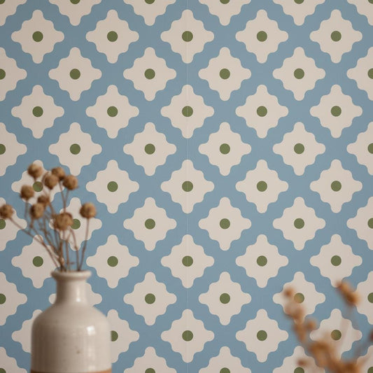 Retro wallpaper dusty blue peel and stick or non woven  cottagecore wall decor | geometric