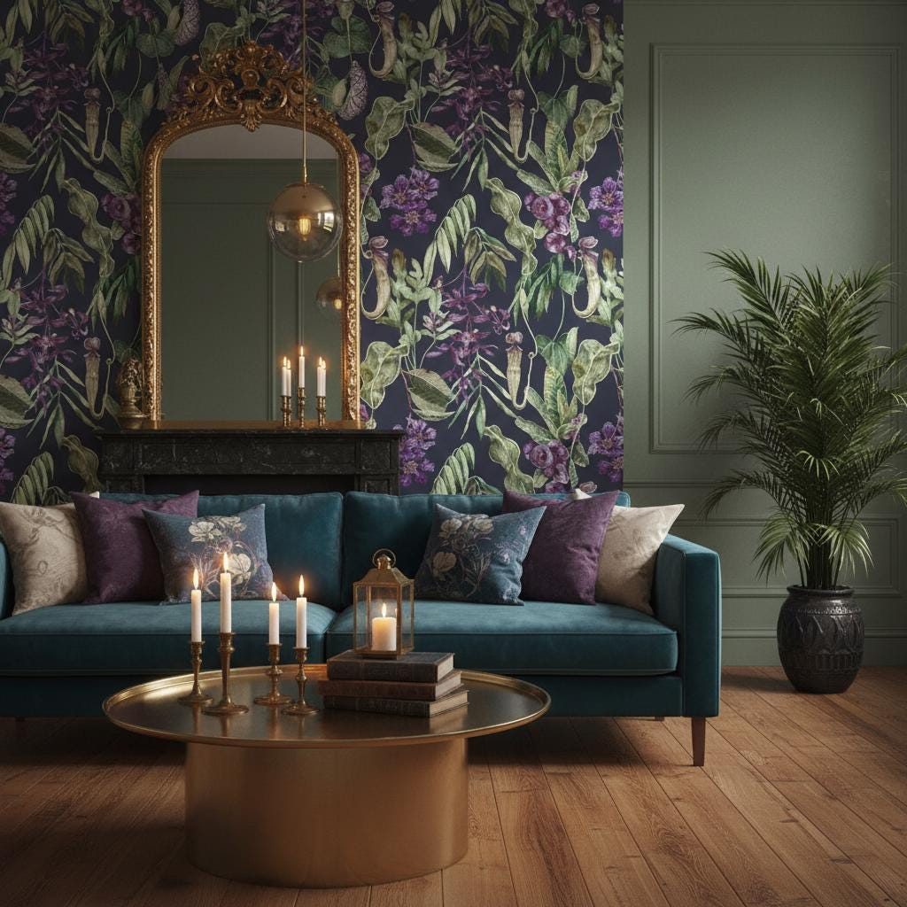 Dark Botanical Peel and Stick Wallpaper Gothic Maximalist Wallpaper