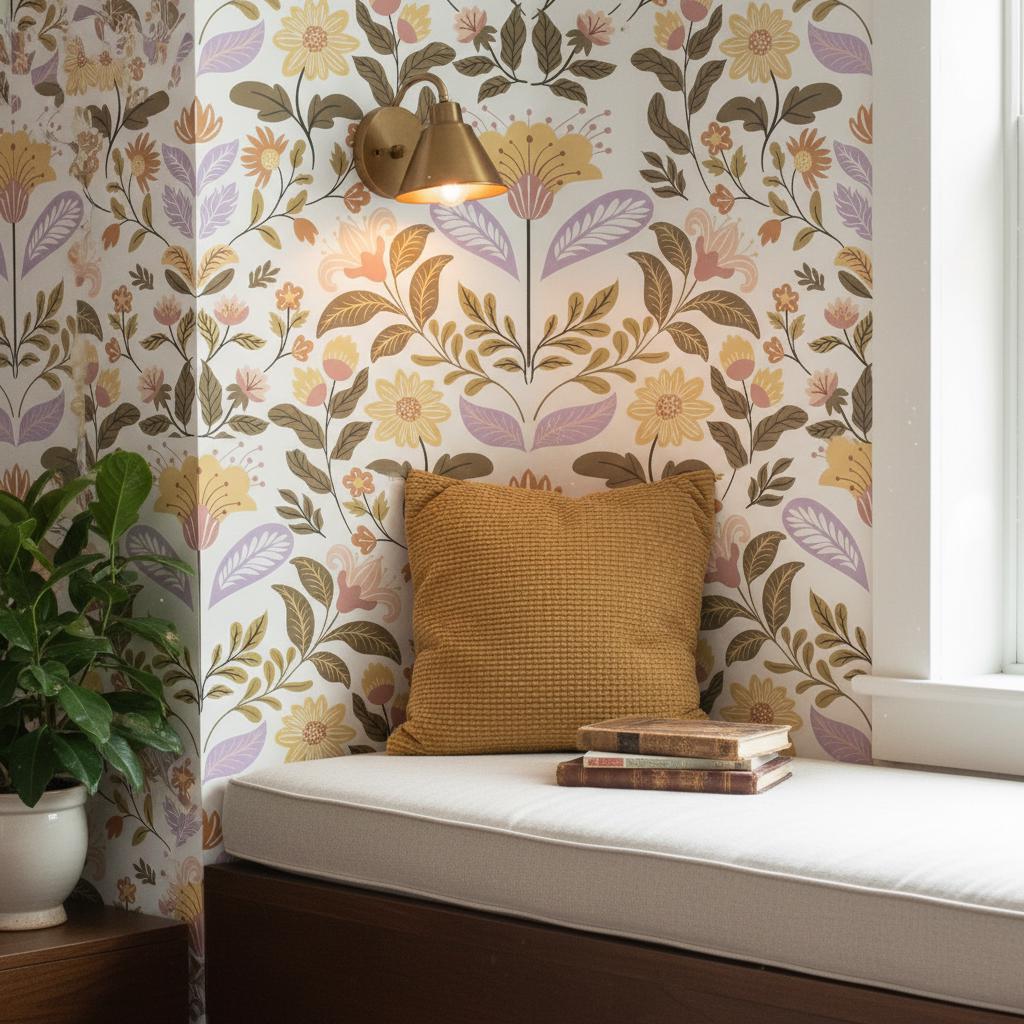 Folk Botanical Wallpaper Peel and Stick Cottagecore Wall Decor