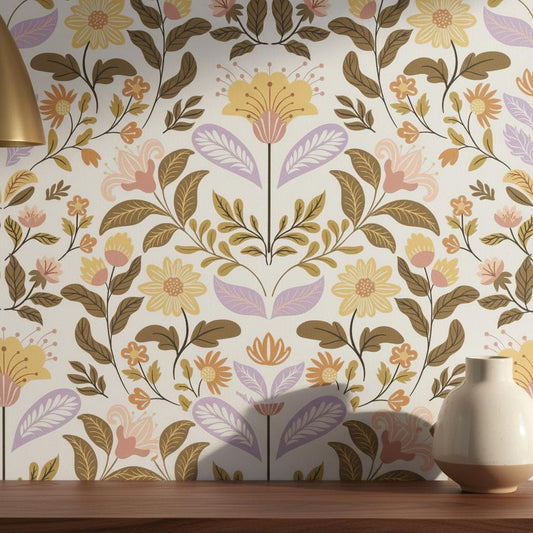 Folk Botanical Wallpaper Peel and Stick Cottagecore Wall Decor