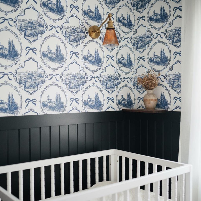 Blue Toile  Wallpaper Peel and Stick, French Country Wall Decor