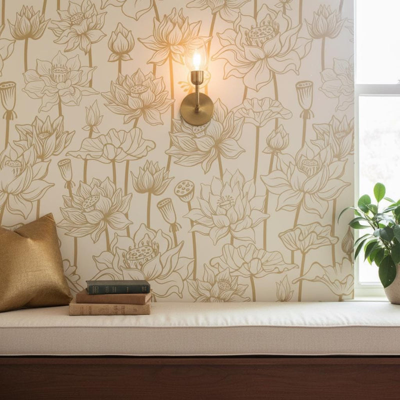Lotus Wallpaper Peel and Stick, Elegant Line Art Floral, Zen Wall Decor
