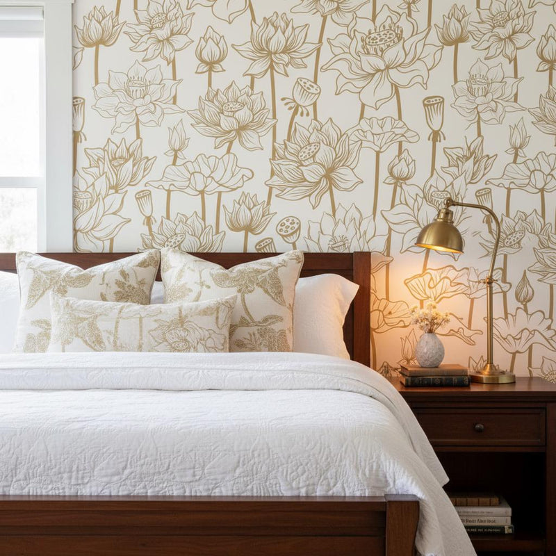 Lotus Wallpaper Peel and Stick, Elegant Line Art Floral, Zen Wall Decor