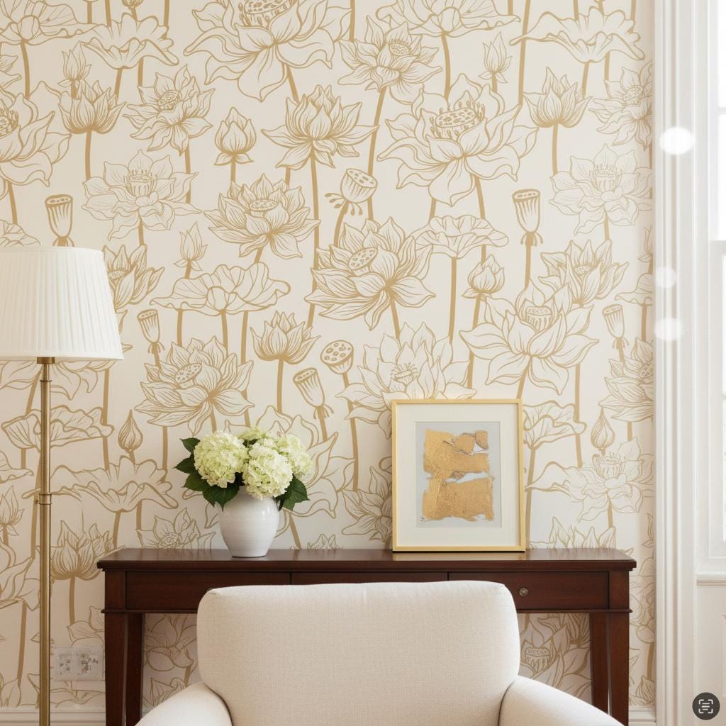 Lotus Wallpaper Peel and Stick, Elegant Line Art Floral, Zen Wall Decor