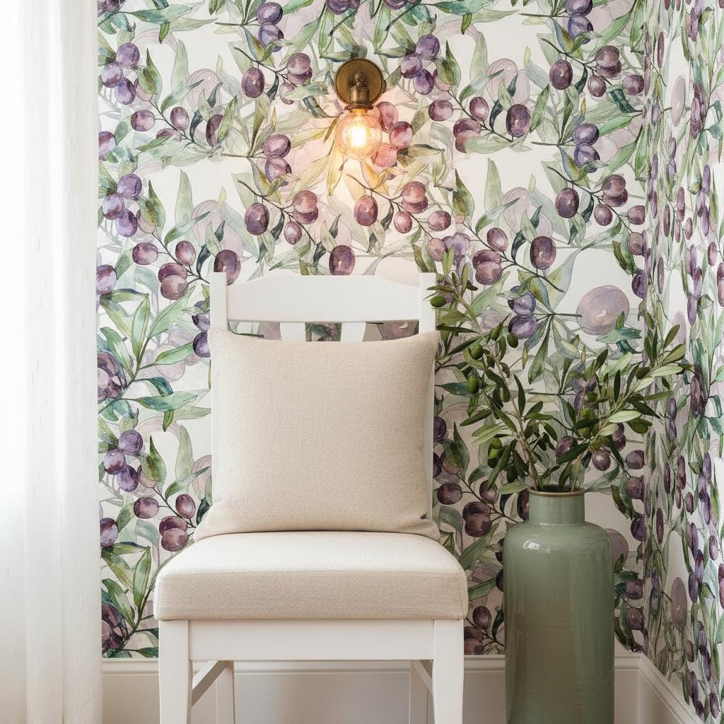 Wallpaper Olive Branch Peel and Stick or Non woven | Botanical Removable Wallpaper