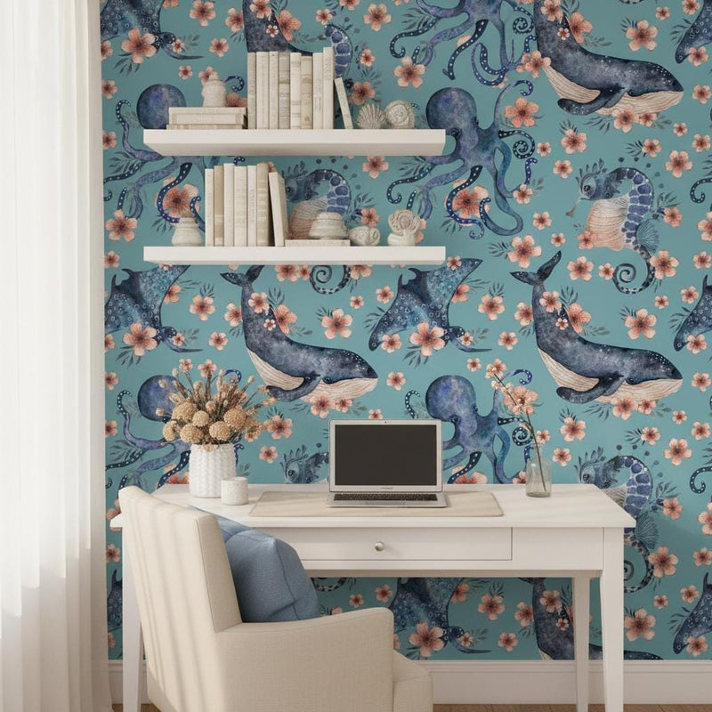 Wallpaper Ocean animals peel and stick removable wallpaper or non woven