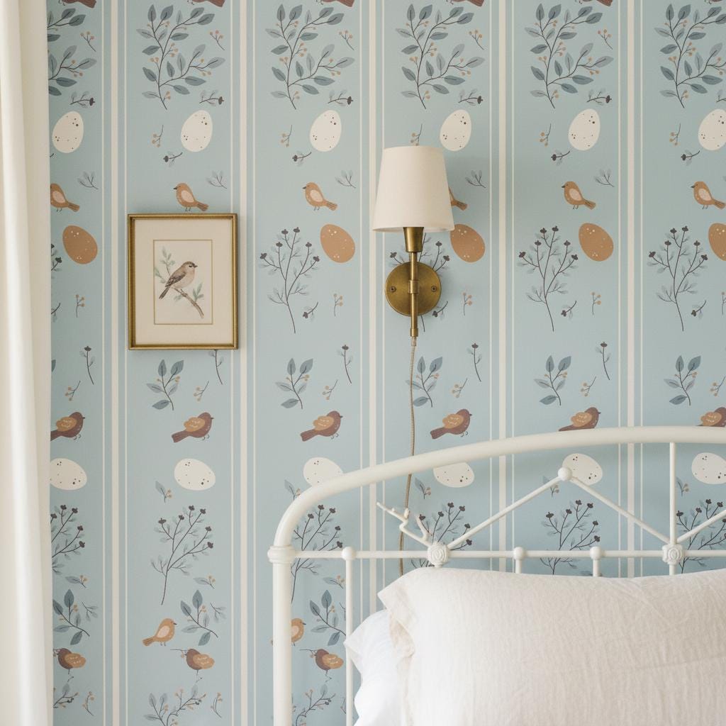 Peel and Stick Wallpaper Bird | Soft Blue Botanical Removable Wallpaper | Cottagecore Nursery