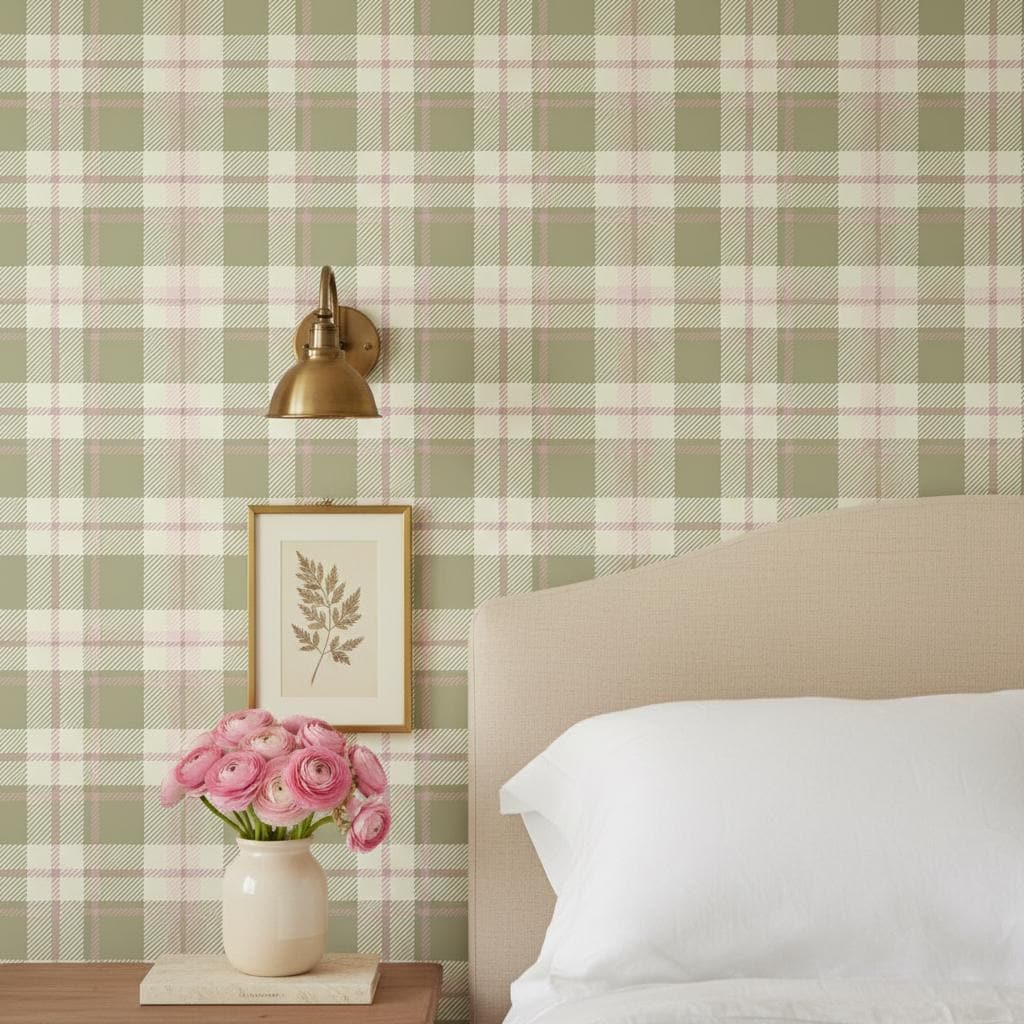 Sage Green Plaid Peel and Stick Wallpaper | Cottagecore Nursery Bedroom Farmhouse Decor