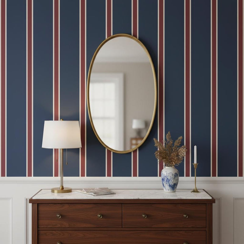 Navy stripe peel and stick or traditional wallpaper