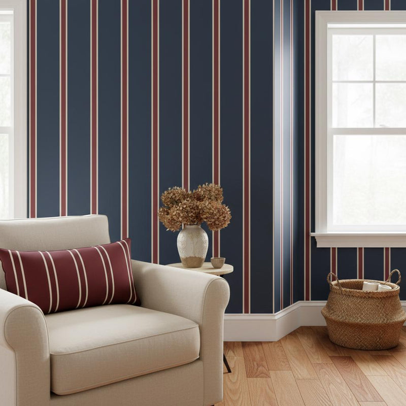 Navy stripe peel and stick or traditional wallpaper