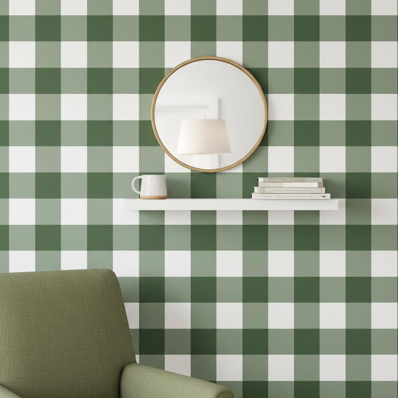 Green Gingham Wallpaper | Peel and Stick or Non-woven