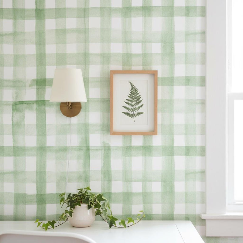 Gingham Removable Wallpaper, Sage green peel and stick wallpaper