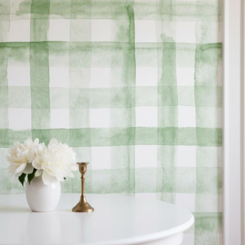 Gingham Removable Wallpaper, Sage green peel and stick wallpaper