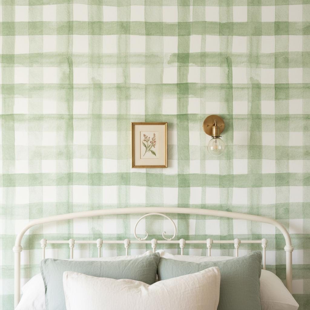Gingham Removable Wallpaper, Sage green peel and stick wallpaper