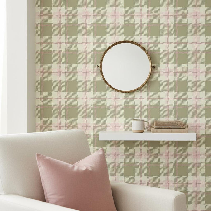 Olive Green Tartan Peel and Stick Wallpaper, Plaid Removable Wallpaper or Non woven
