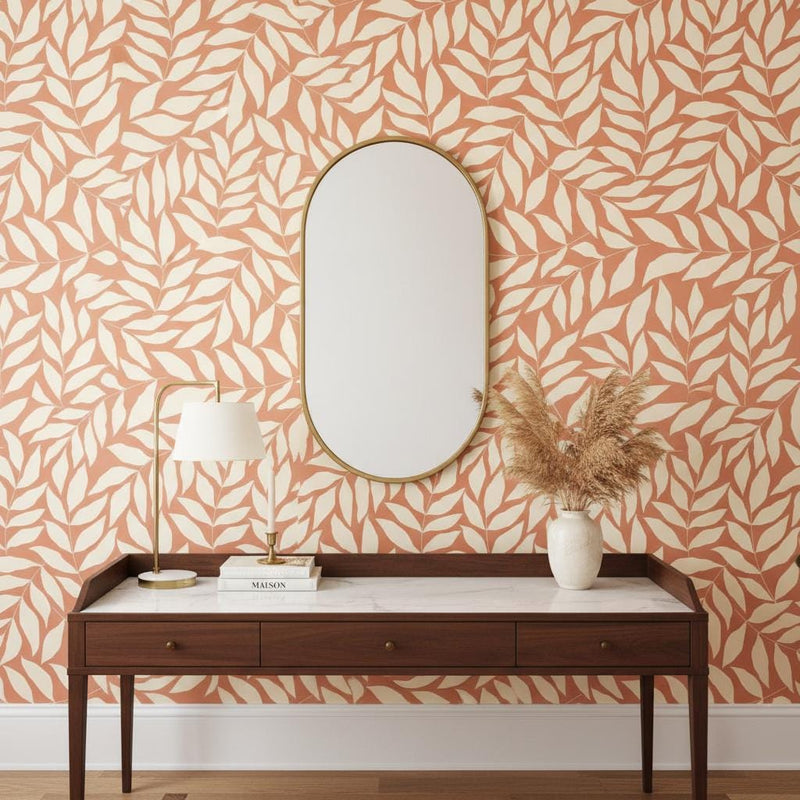 Terracotta leaf peel and stick or traditional  wallpaper