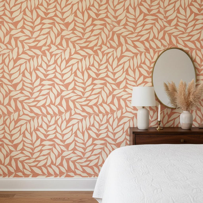 Terracotta leaf peel and stick or traditional  wallpaper