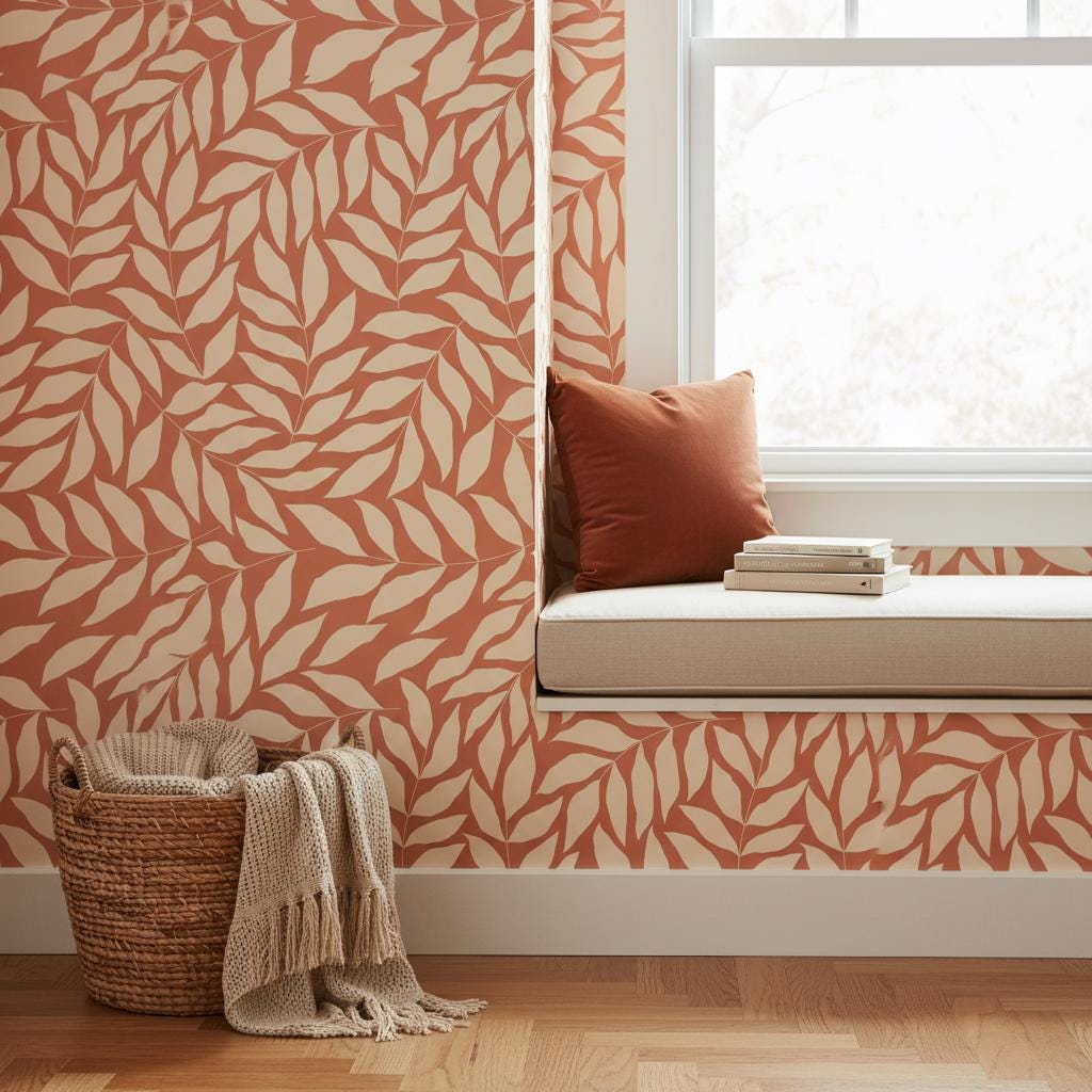 Terracotta leaf peel and stick or traditional  wallpaper