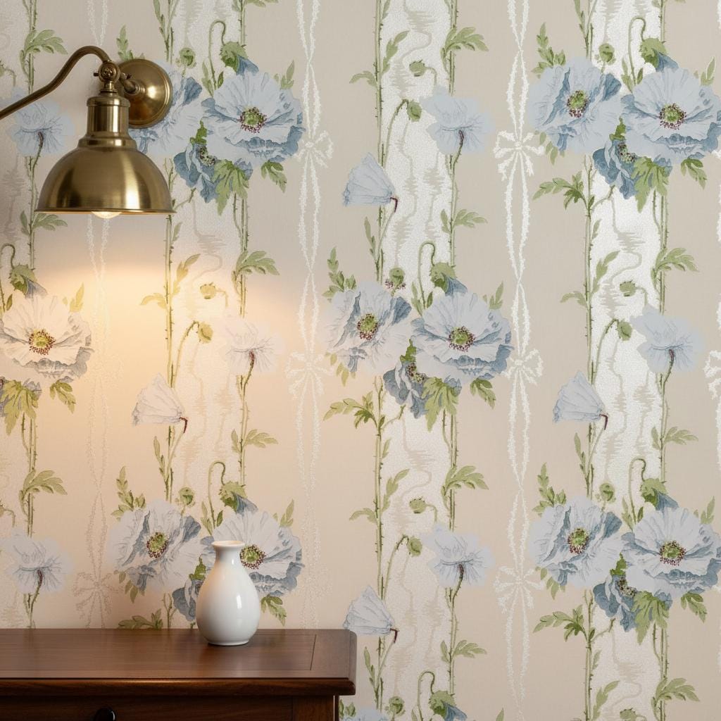 Blue Poppy Wallpaper Peel and Stick, Romantic Cottage Floral Wallpaper, Soft Botanical Wall Decor