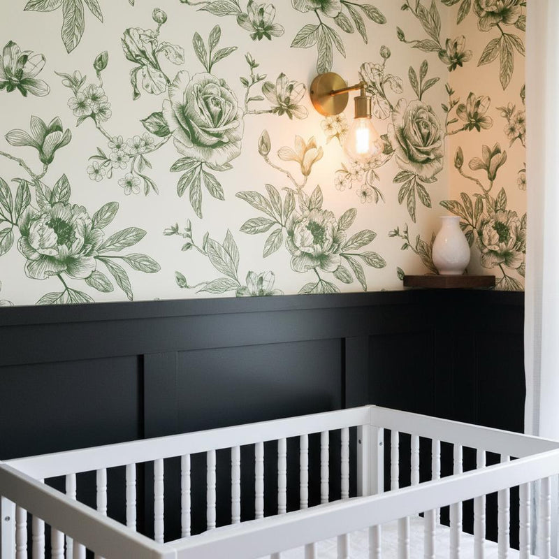 Green Toile Wallpaper Peel and Stick, Botanical Wallpaper