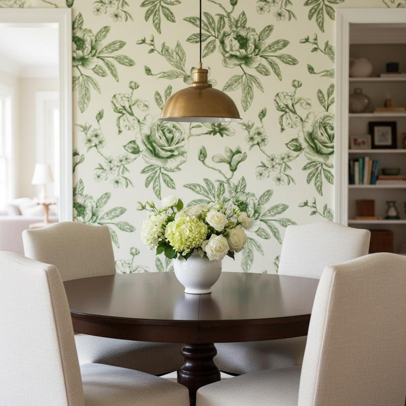 Green Toile Wallpaper Peel and Stick, Botanical Wallpaper