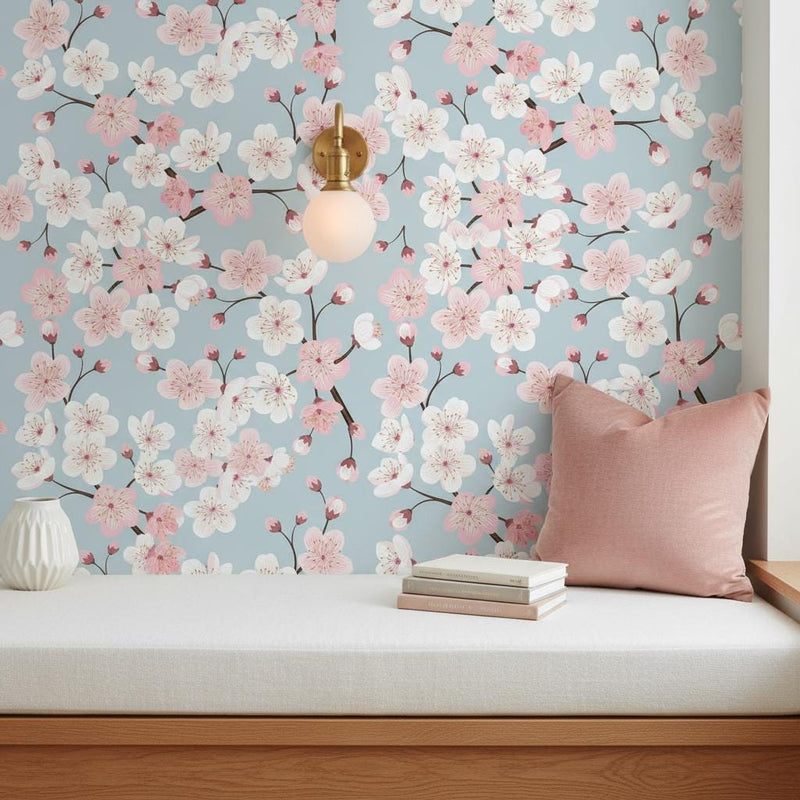 Cherry Blossom Wallpaper Peel and Stick, Blush Pink Floral Wallpaper, Japanese Wall Decor