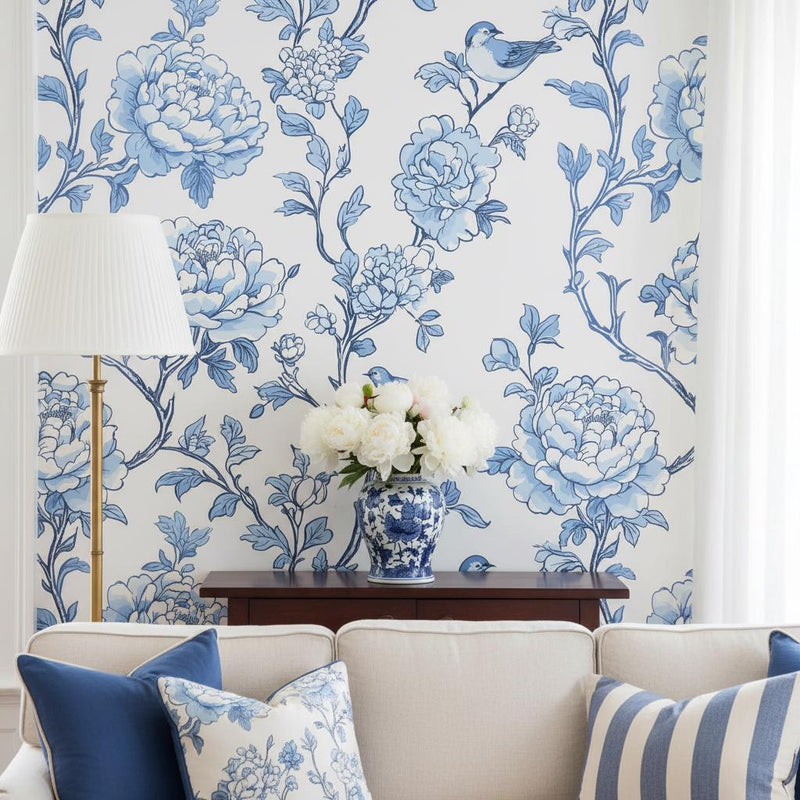 Blue Peony Wallpaper Peel and Stick or Classic, Chinoiserie Bird