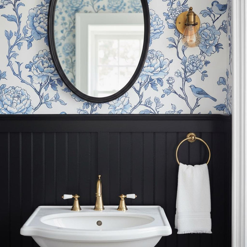 Blue Peony Wallpaper Peel and Stick or Classic, Chinoiserie Bird