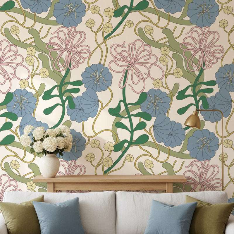Art Nouveau Wallpaper Peel and Stick, Retro Botanical Floral Wallpaper, Maximalist Wall Decor