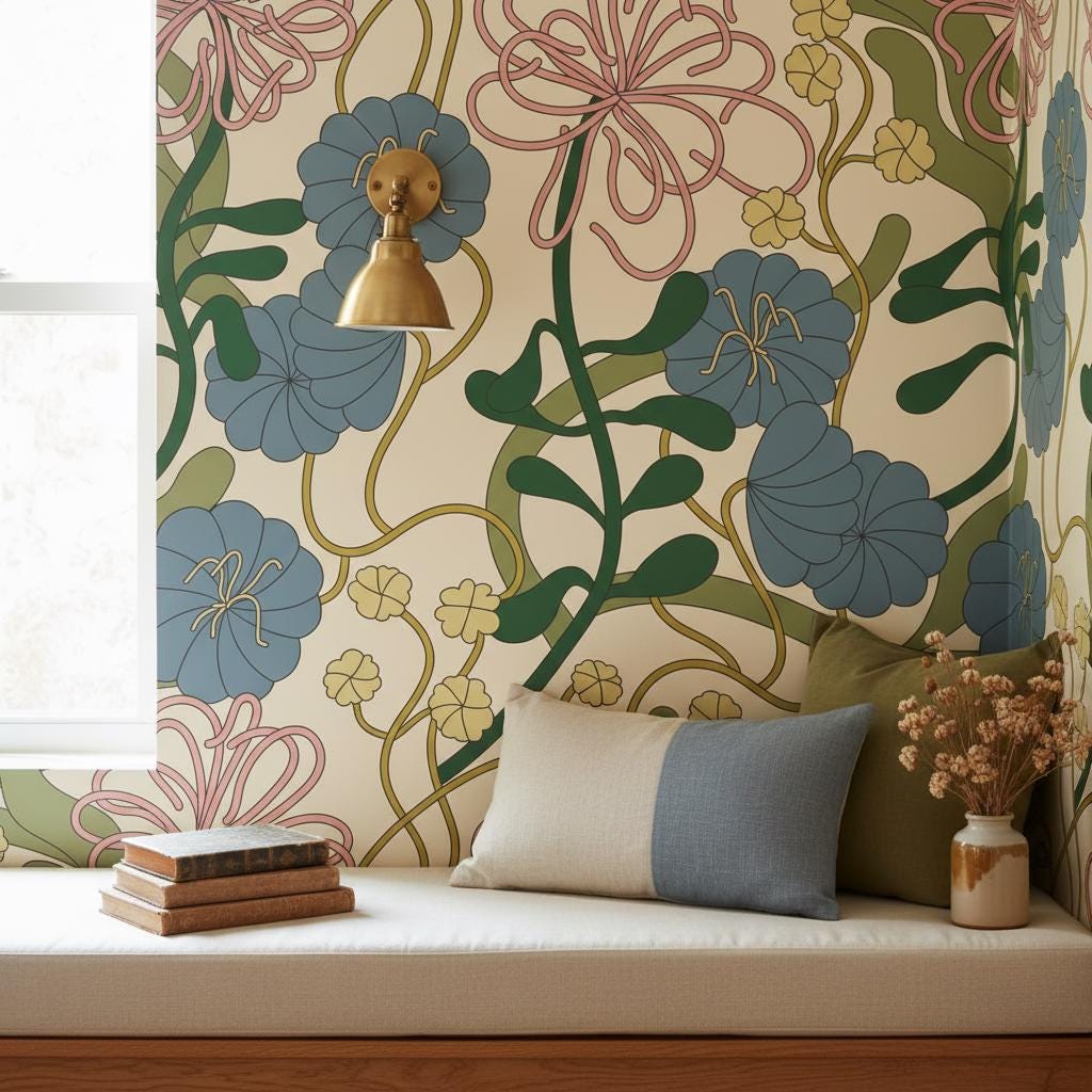 Art Nouveau Wallpaper Peel and Stick, Retro Botanical Floral Wallpaper, Maximalist Wall Decor