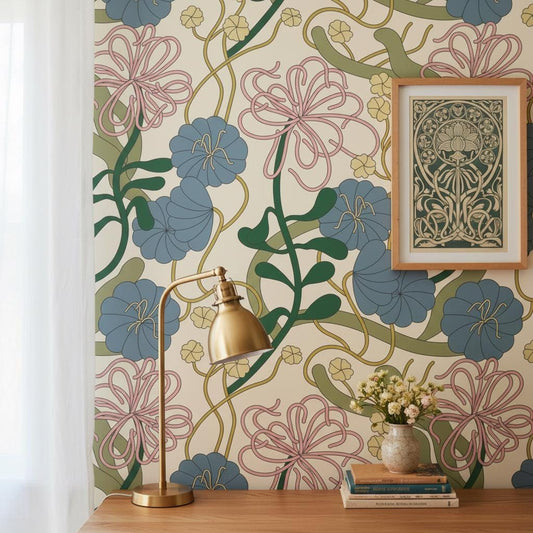 Art Nouveau Wallpaper Peel and Stick, Retro Botanical Floral Wallpaper, Maximalist Wall Decor