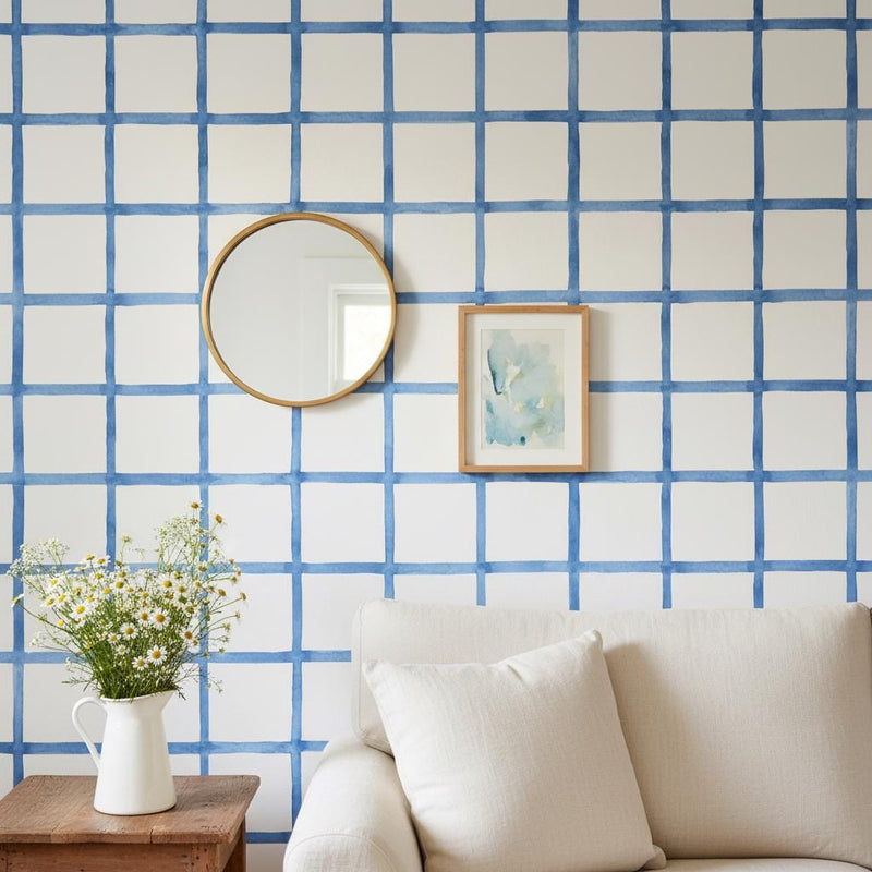 Blue Watercolor Grid Peel and Stick Wallpaper or Non Woven
