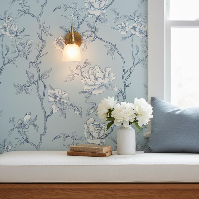 Blue Toile Wallpaper Peel and Stick, Romantic Wall Decor