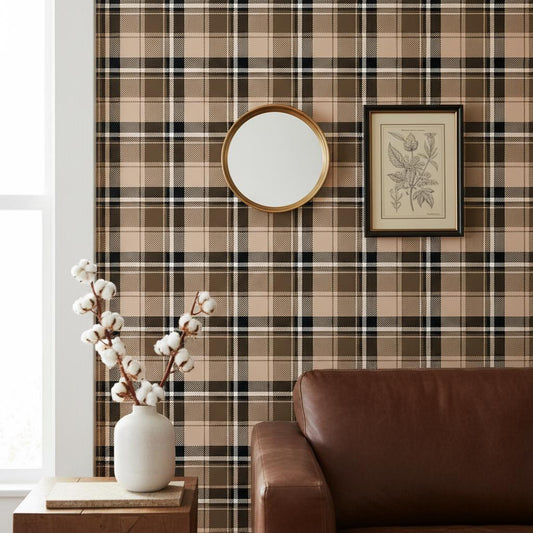 Brown Tartan Wallpaper Peel and Stick, Plaid Removable wallpaper