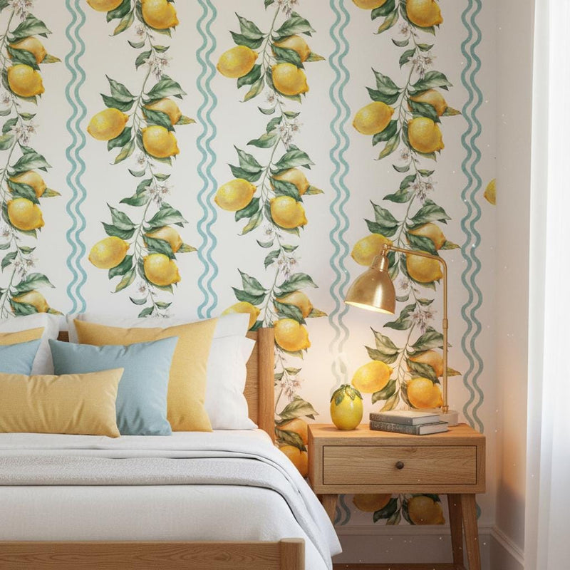 Lemon Wallpaper Peel and Stick, Amalfi Coast Stripe Wallpaper, Kitchen Wall Decor