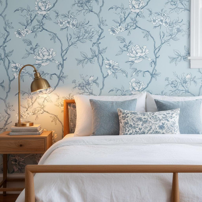 Blue Toile Wallpaper Peel and Stick, Romantic Wall Decor