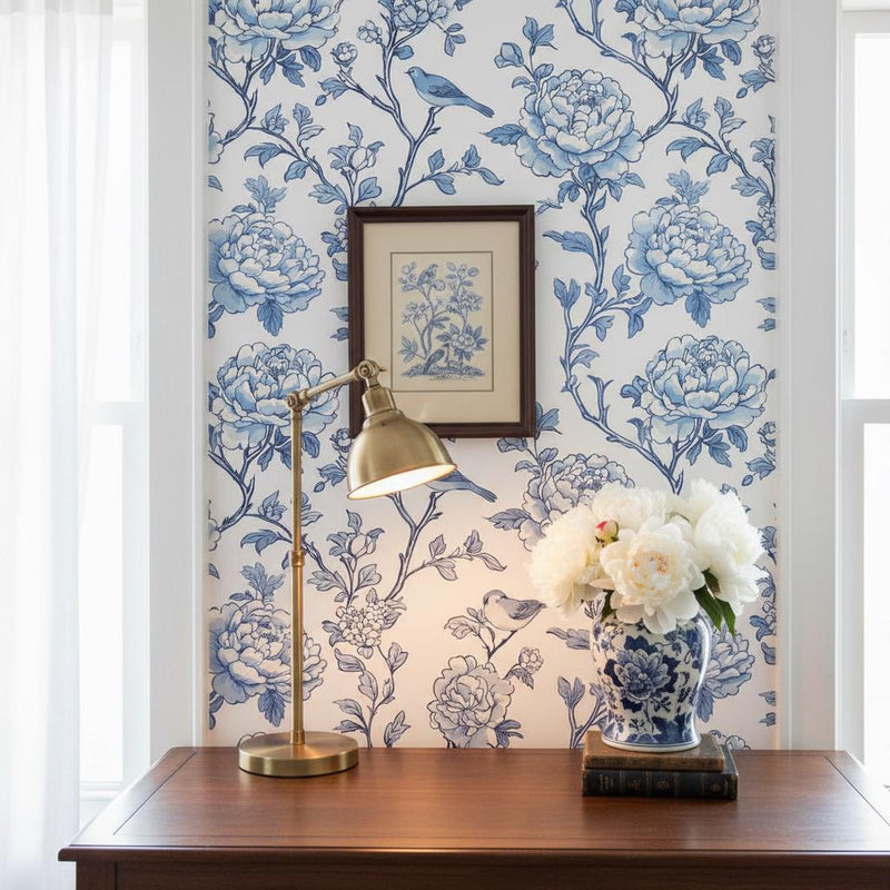 Blue Peony Wallpaper Peel and Stick or Classic, Chinoiserie Bird