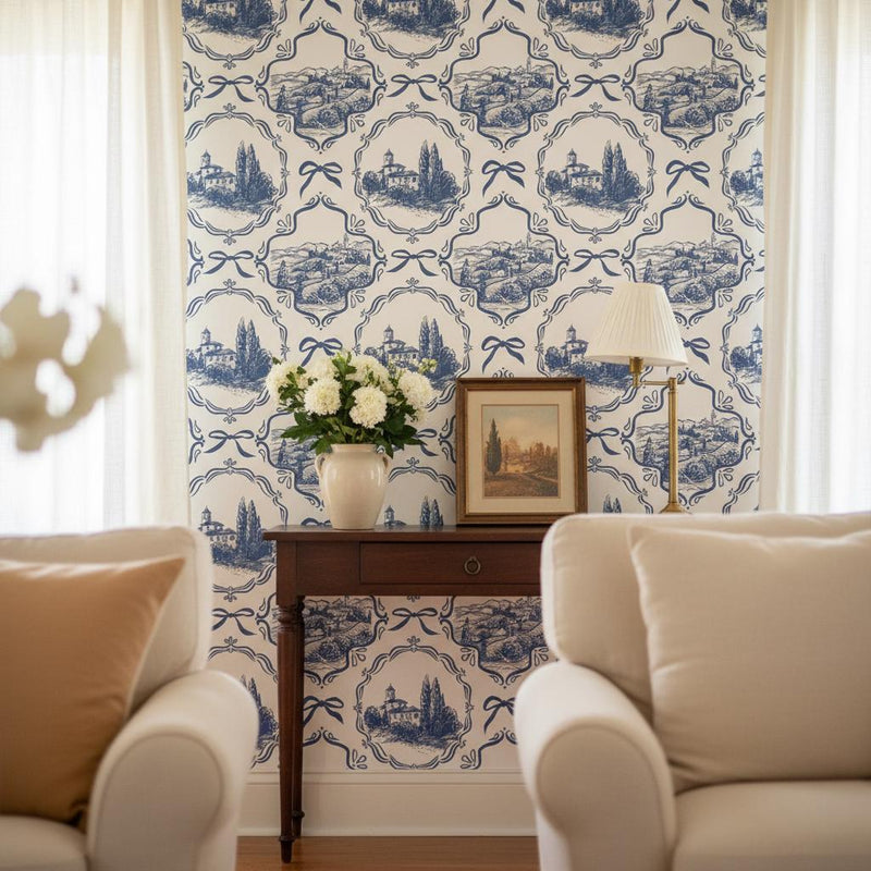 Blue Toile  Wallpaper Peel and Stick, French Country Wall Decor