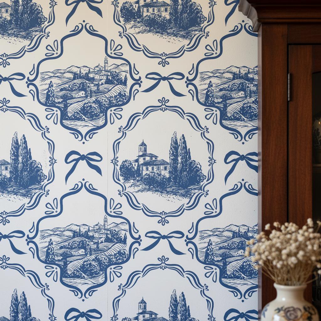 Blue Toile  Wallpaper Peel and Stick, French Country Wall Decor