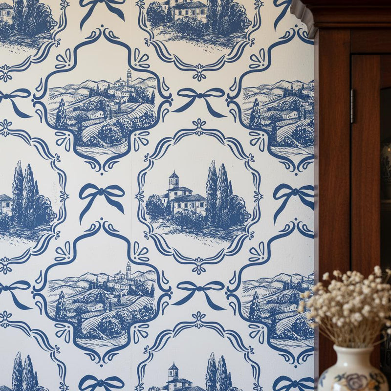 Blue Toile  Wallpaper Peel and Stick, French Country Wall Decor