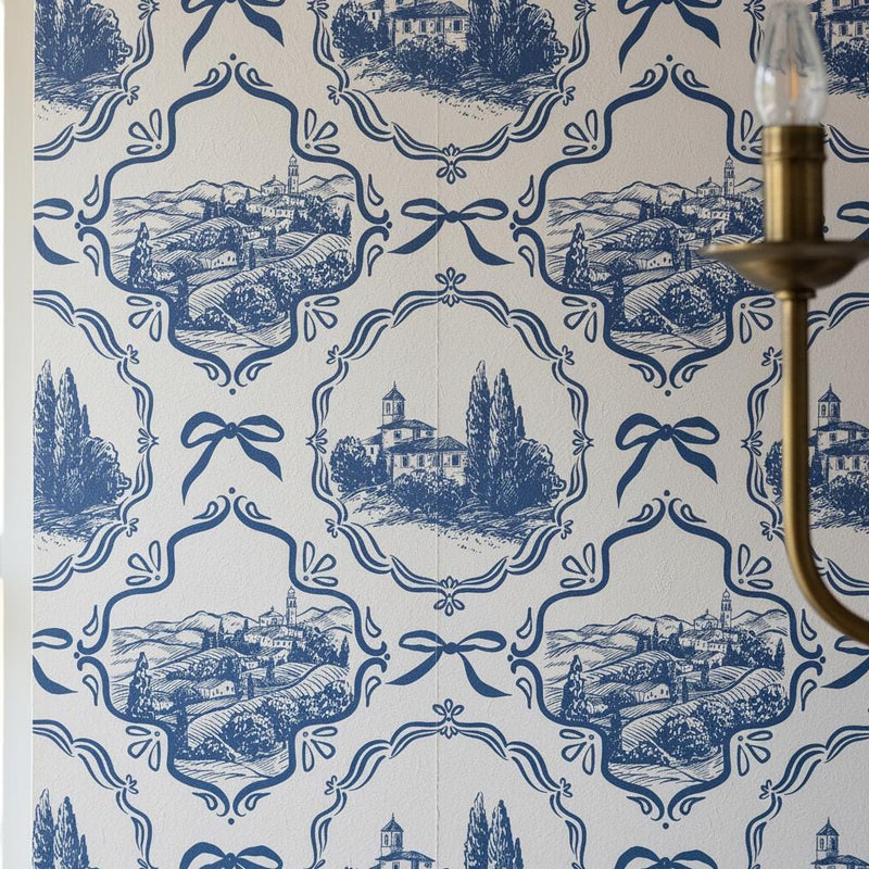 Blue Toile  Wallpaper Peel and Stick, French Country Wall Decor