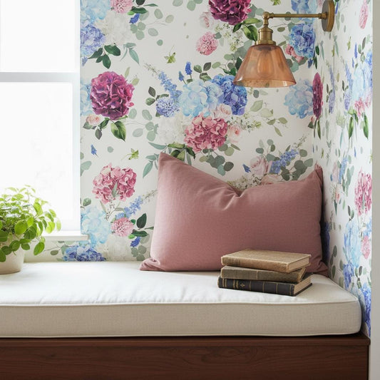 Hydrangea Floral Wallpaper, Grandmillennial Style, Peel and Stick or non woven