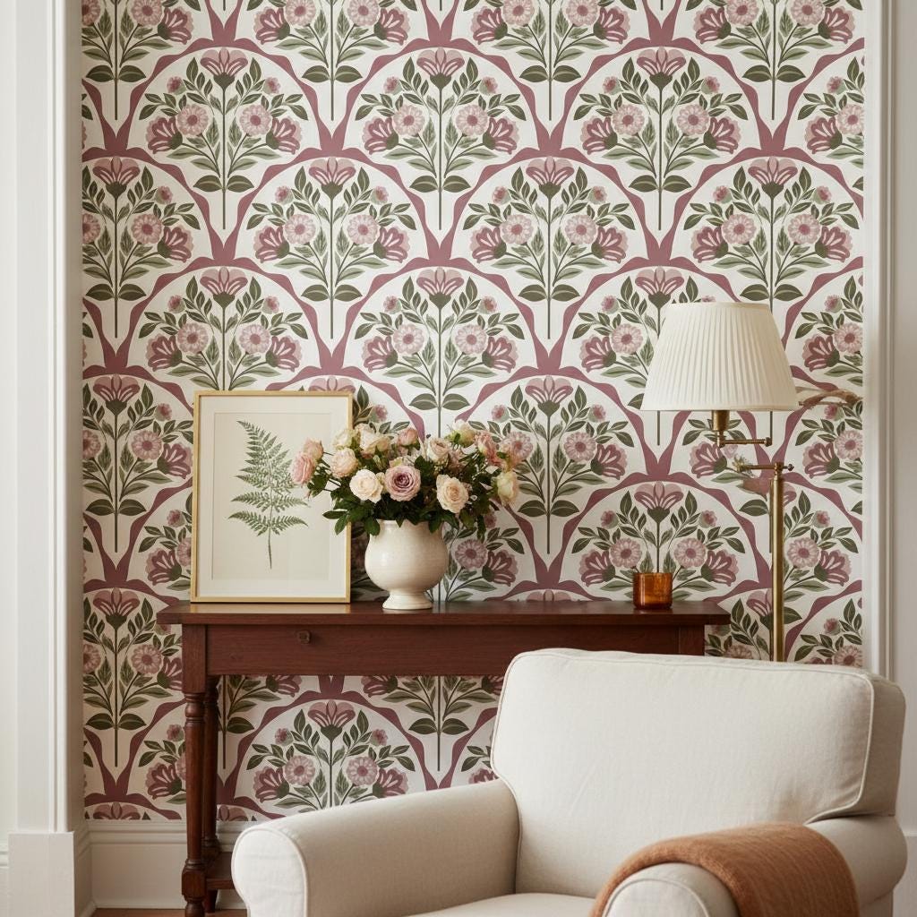 Vintage Botanical Wallpaper, Neutral Floral Damask, Peel and Stick or classic