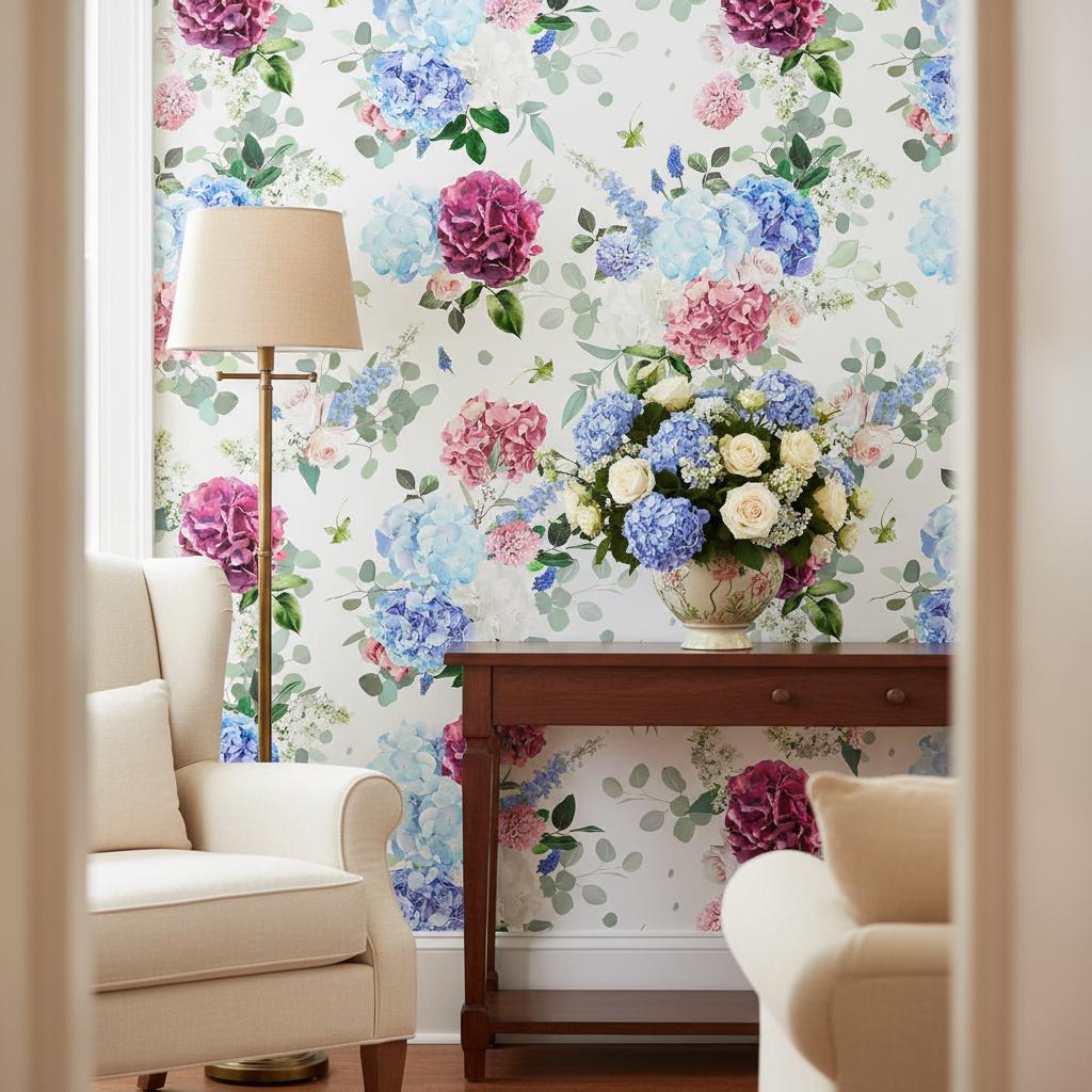 Hydrangea Floral Wallpaper, Grandmillennial Style, Peel and Stick or non woven