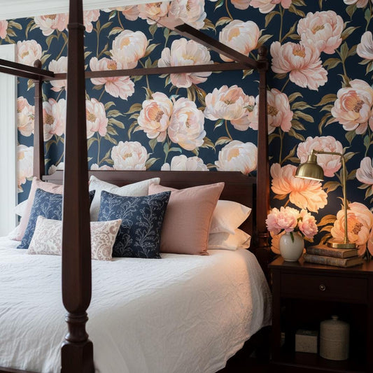 Dark Navy Peony Wallpaper Peel and Stick, Blush Pink Floral Maximalist Wallpaper